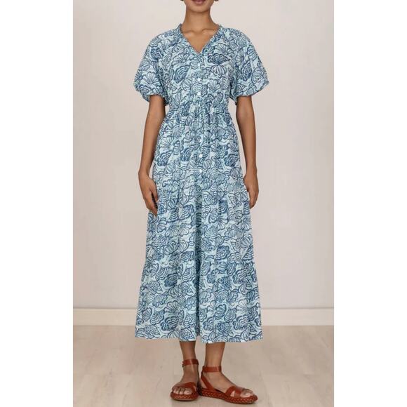 Banjanan Poppy Midi Dress Shell Aqua Puff Sleeve Cotton Button Tuckernuck - Picture 1 of 13